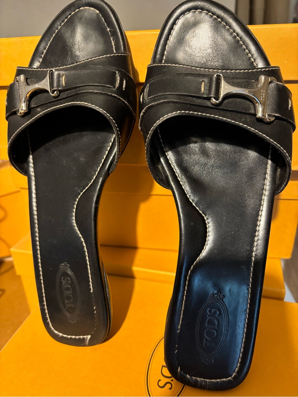 Tod's Black Leather Slide Sandals with Silver Bit